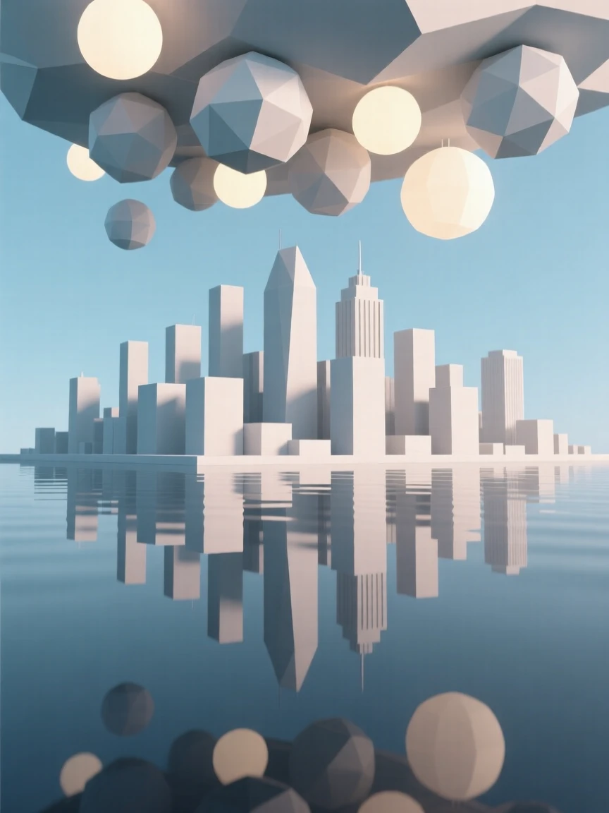 A city skyline reflected upside down in still water, beneath a canopy of dreamlike floating light. rich color gradients enhance the dreamlike atmosphere. A gentle, surreal beauty fills the composition.