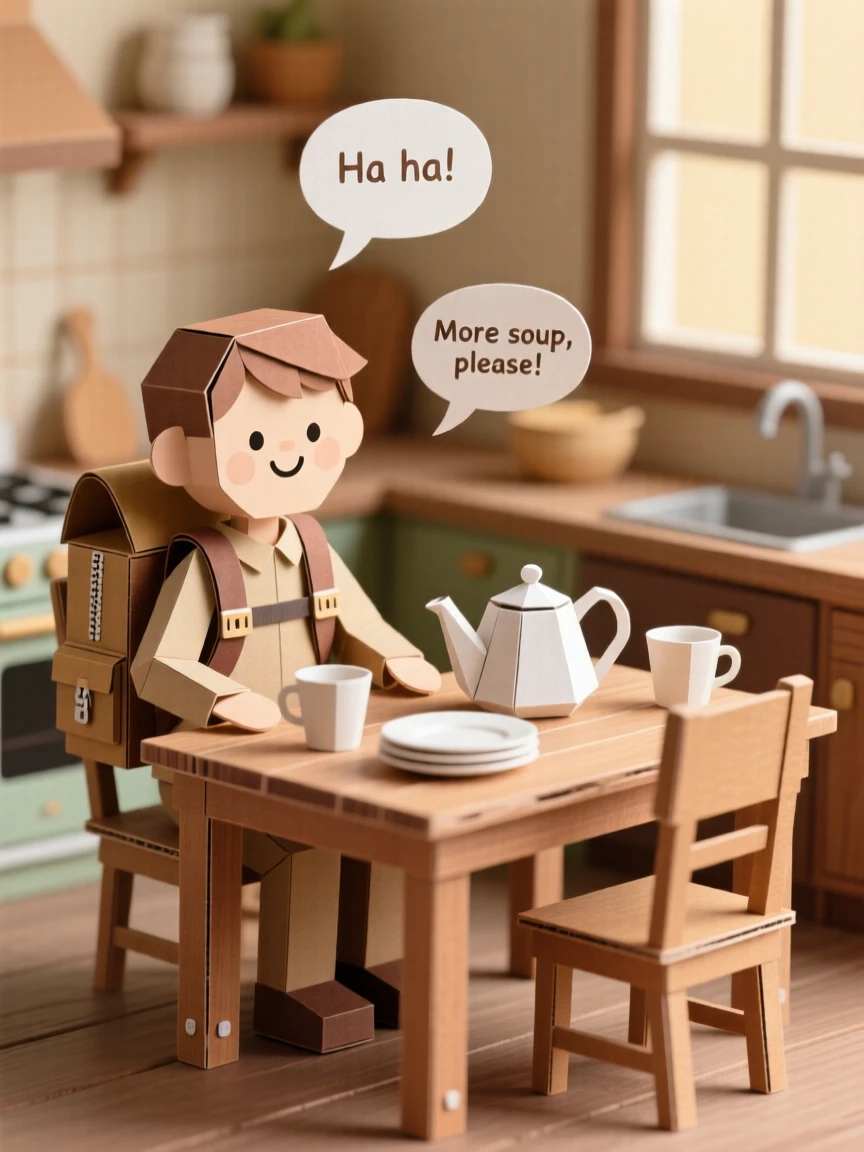A solo backpacker gathered around a warm kitchen table, with soft laughter caught mid-moment, capturing pure joy and togetherness.