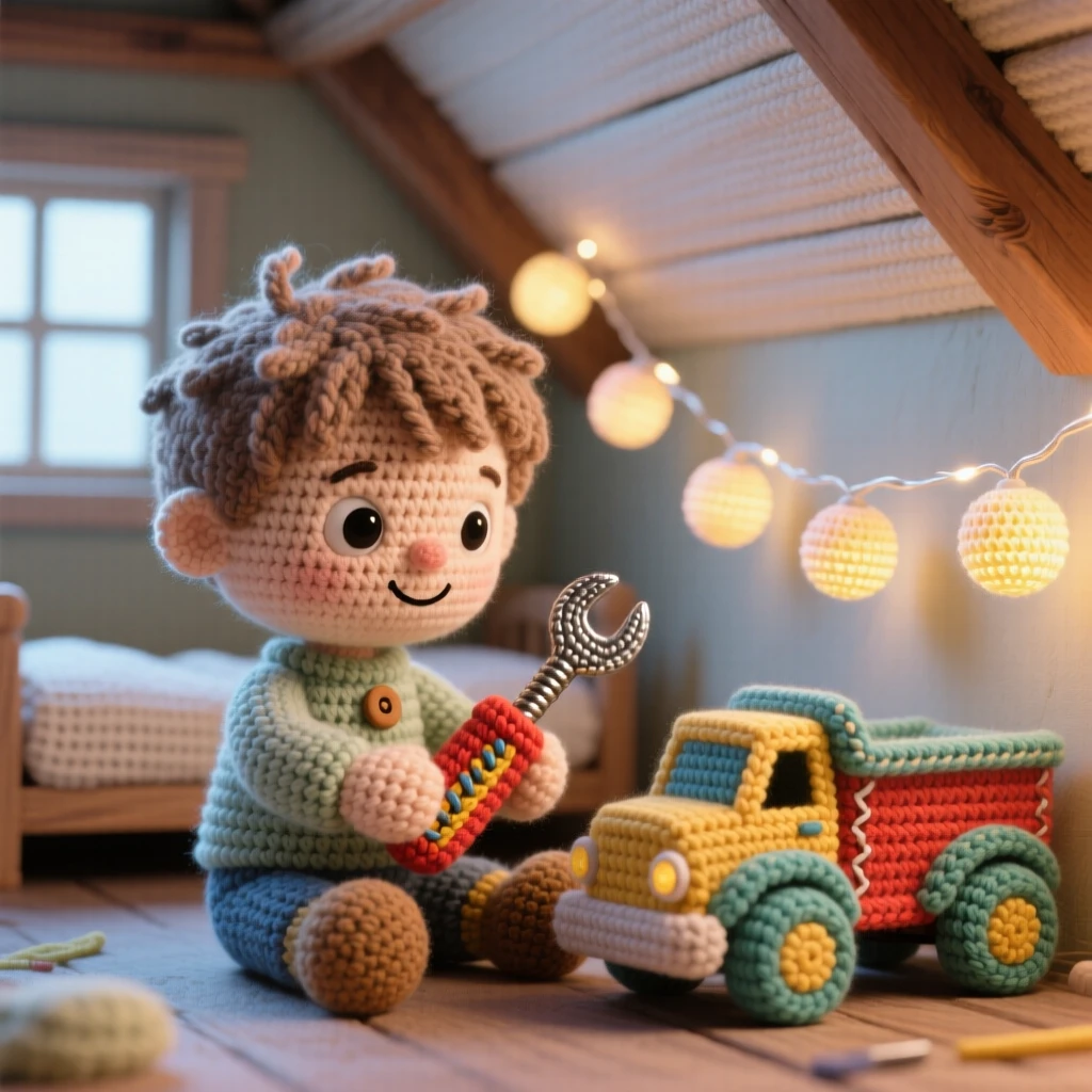 a small boy fixing a toy with a small screwdriver, with a look of careful concentration, is shown tightening a loose wheel on a toy truck within a snug attic bedroom under a sloped ceiling beside a string of soft fairy lights along the wall, capturing soft nostalgic coziness.