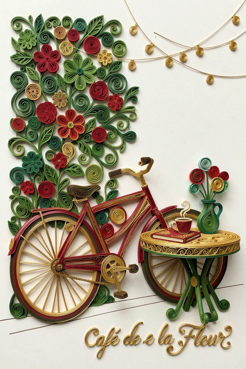 a bicycle leaning against a flower-covered wall, at an outdoor café table with string lights above, arranged with complementary props scattered around, in a fresh palette of green, red, and gold.