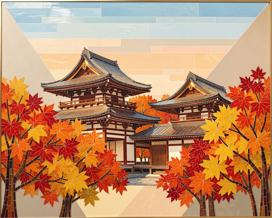 The ancient temples of Kyoto surrounded by autumn maple trees.