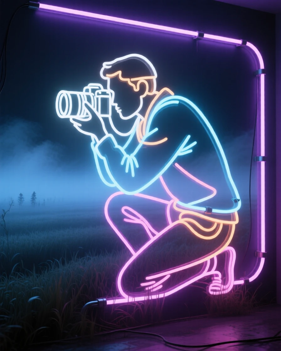 A photographer crouched low to capture a shot in a misty field.