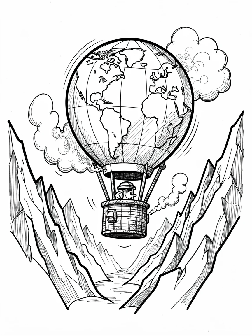 A hot air balloon shaped like a globe chugging through a mountain pass.