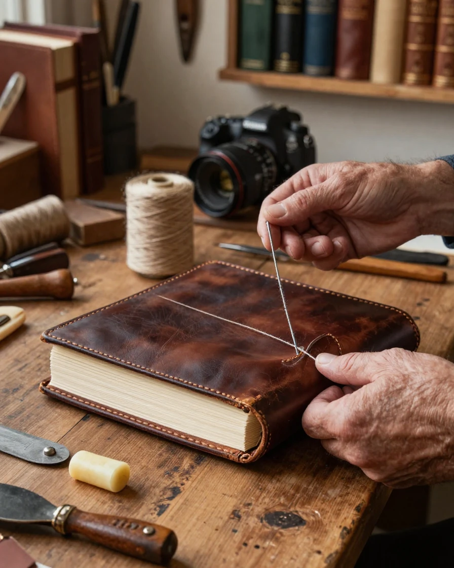 A bookbinder sewing pages into a leather-bound journal