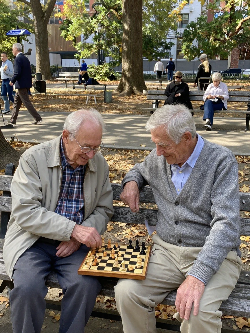 Two elderly friends play chess on a park bench they've shared every Sunday for decades.