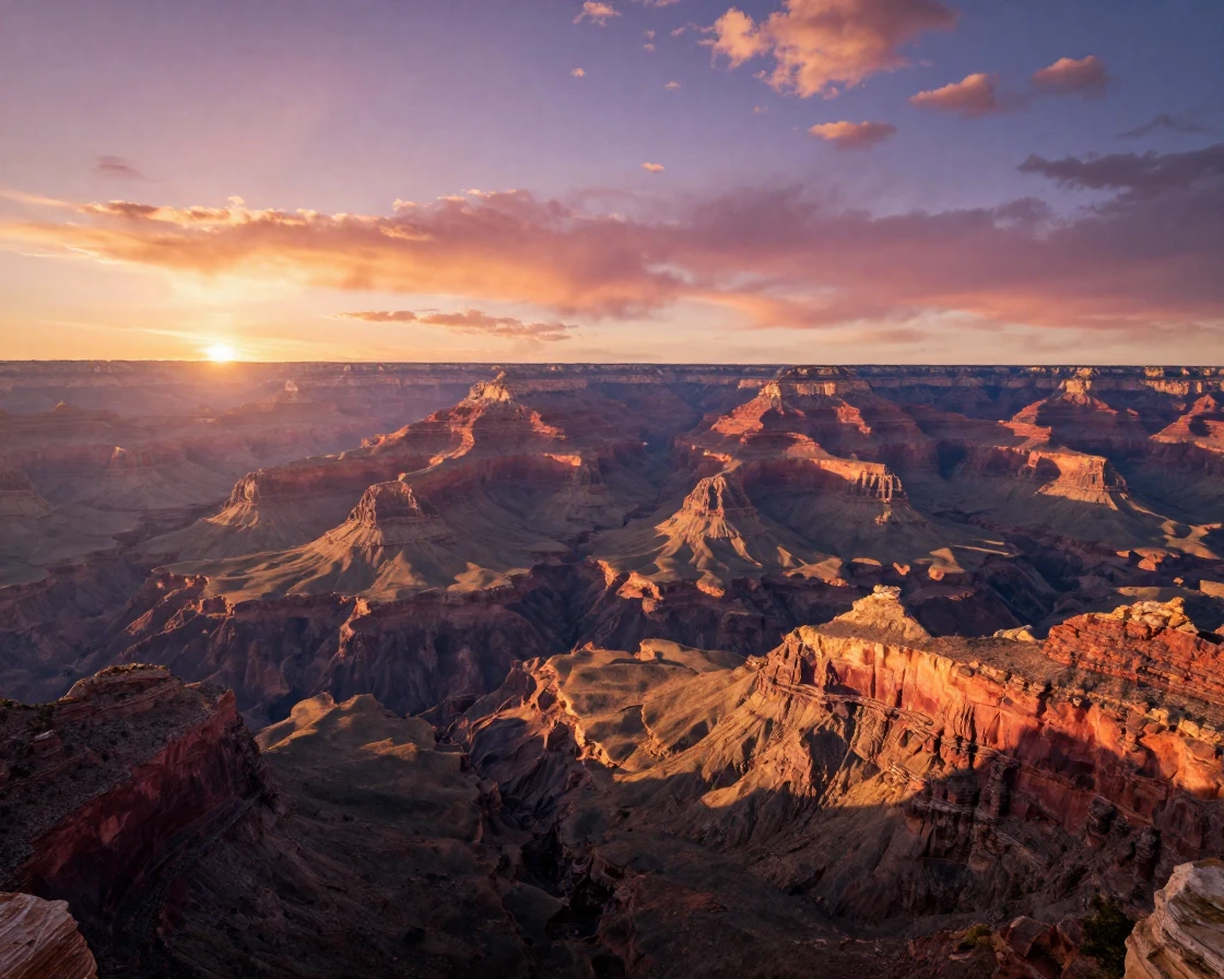 A great canyon system glowing under the light of a setting sun
