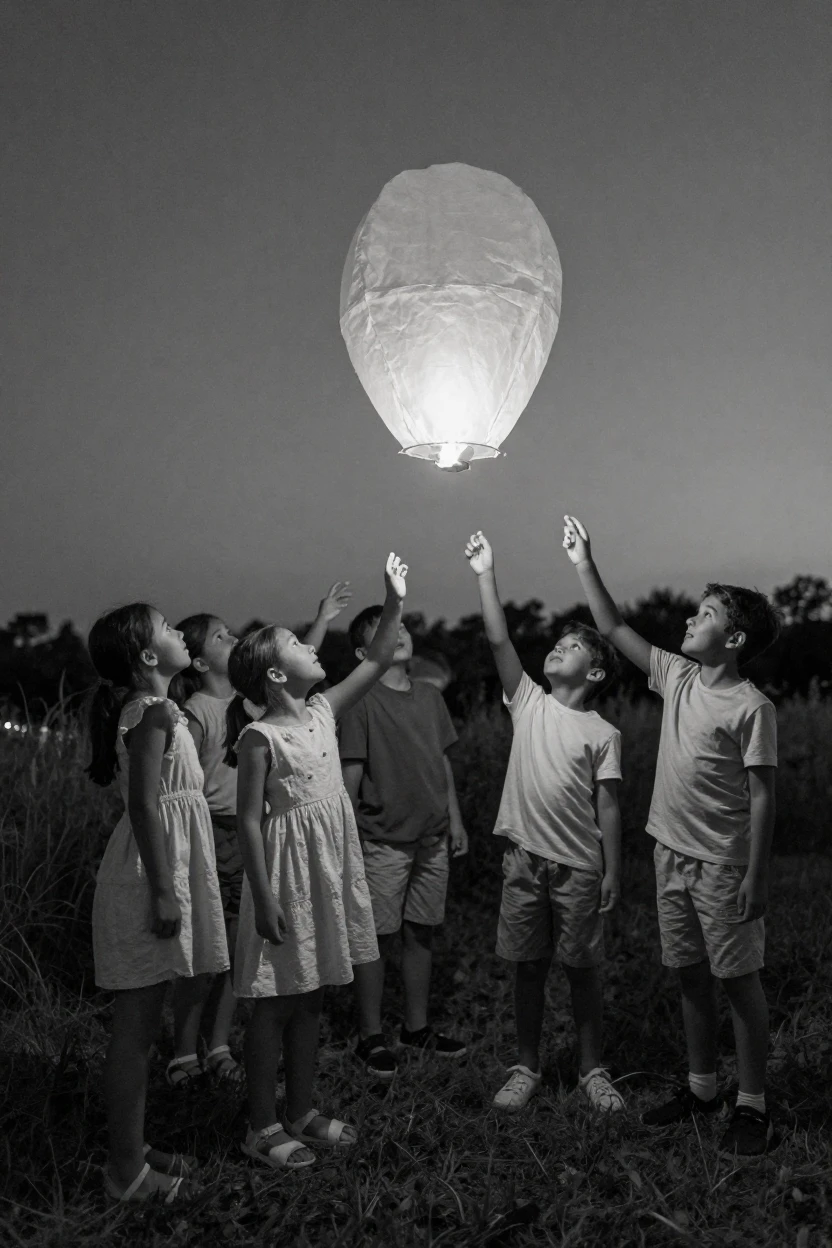Children with paper lanterns release them into the night sky on a warm summer evening.