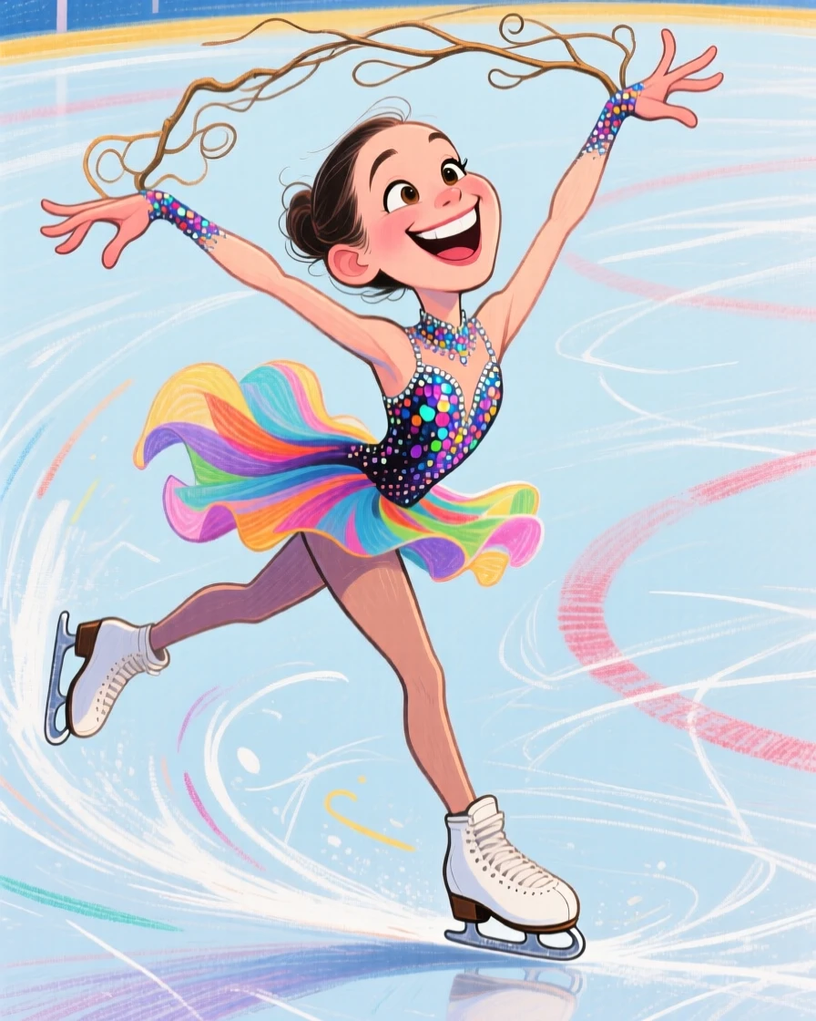 A figure skater mid-spin on the ice, arms gracefully extended overhead.