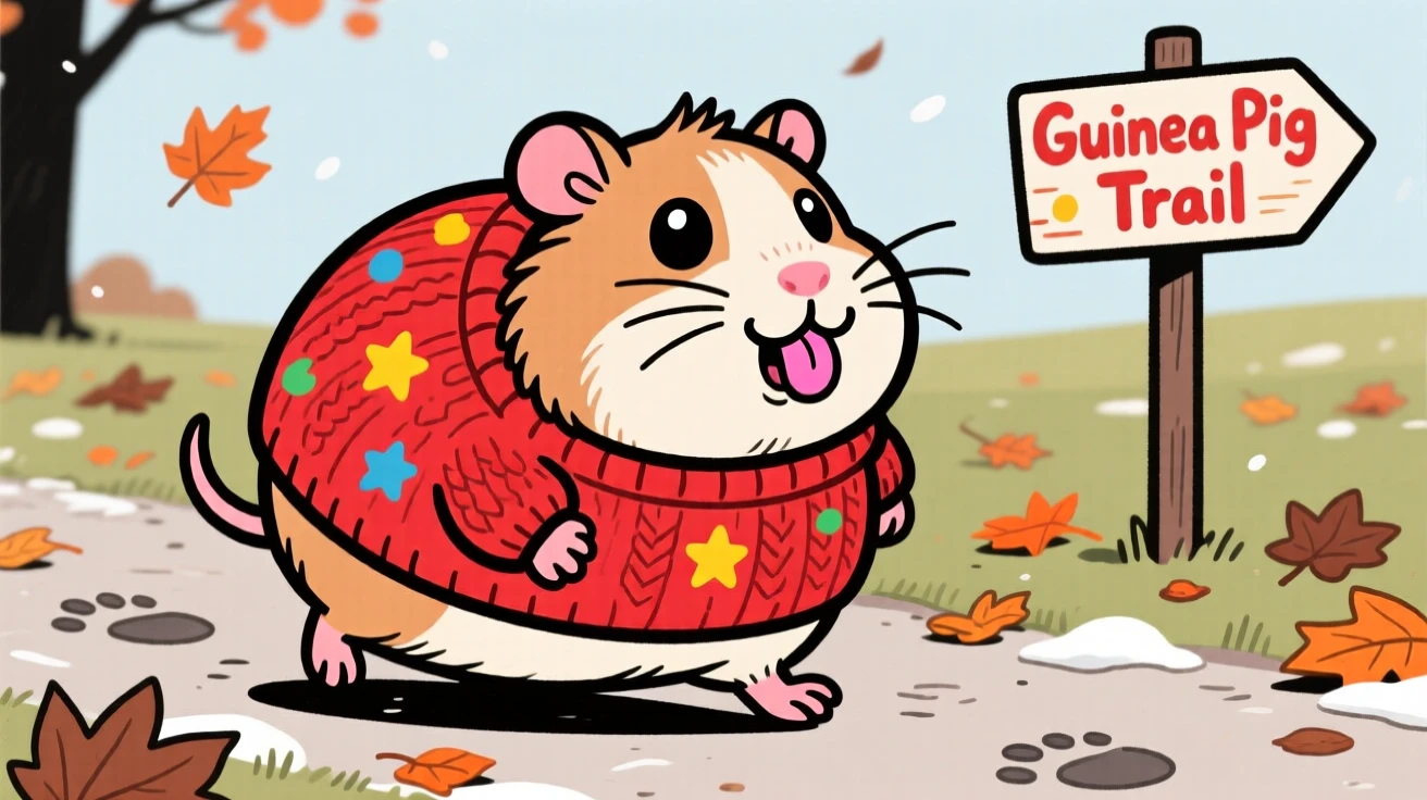 A playful pet moment featuring a chubby guinea pig wearing a tiny knitted sweater on a chilly walk, with its tongue lolling out sideways.