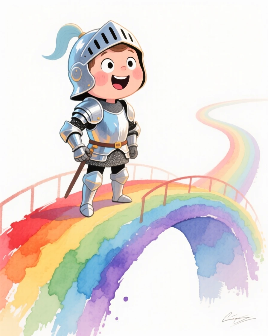 A knight in shining armor standing at the edge of a rainbow bridge
