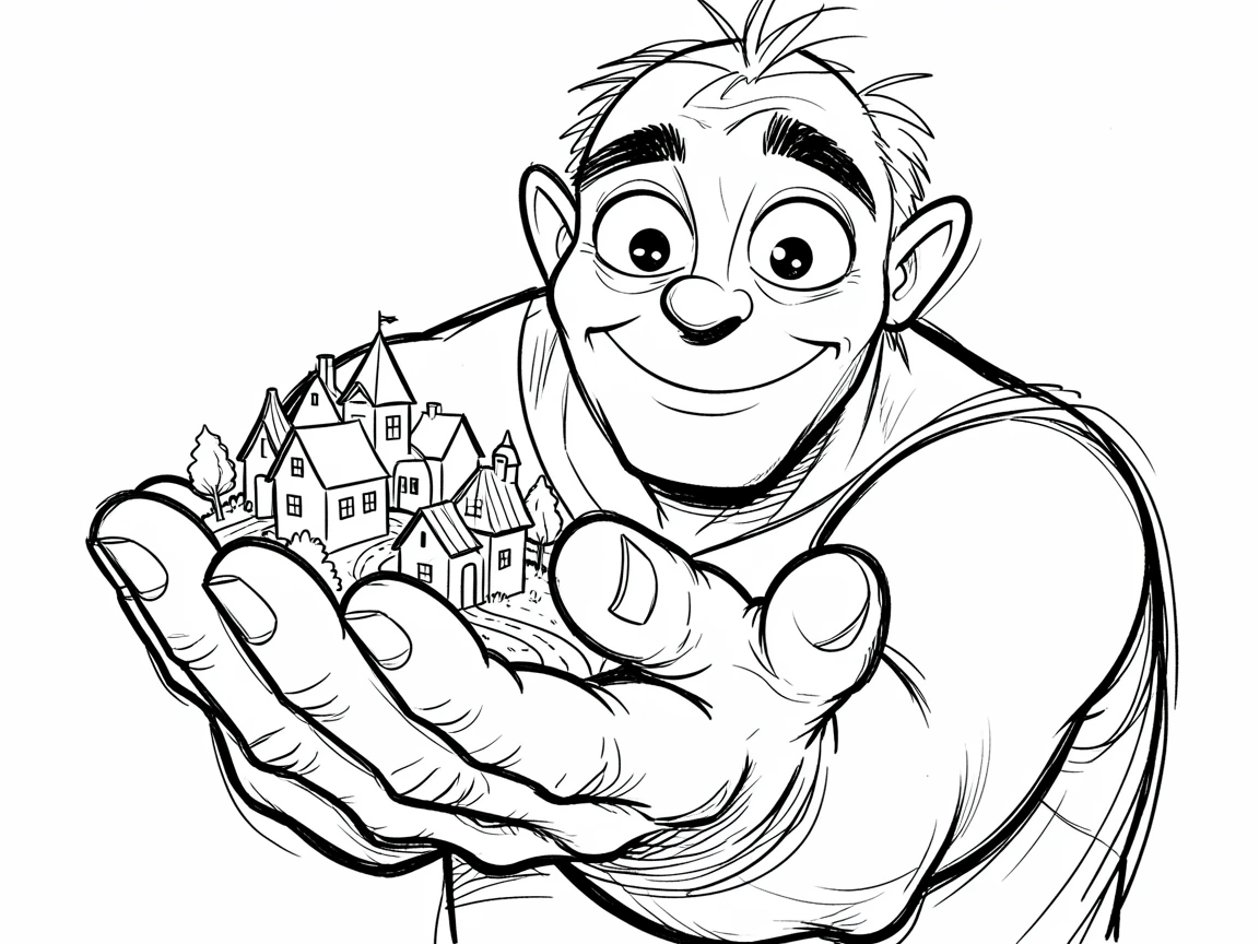 [Fantasy & Imaginative Scenarios] Imaginative fantasy scene of a mighty giant carefully cradling a tiny village in his palm, brimming with wonder