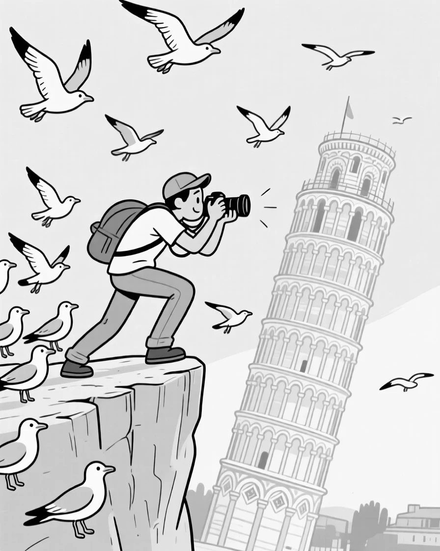 A photographer nearly toppling over a cliff for the perfect shot, getting swarmed by an eager flock, set beside a famously leaning historic tower. Seagulls circle hopefully overhead. There's a light, adventurous spirit running through the moment.