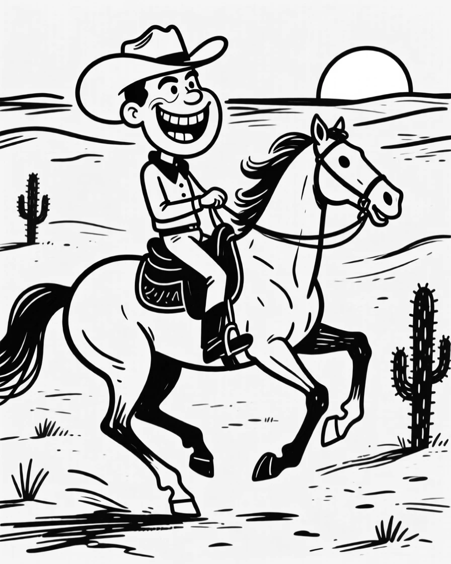 A cowboy riding a galloping horse across an open desert at sunset.