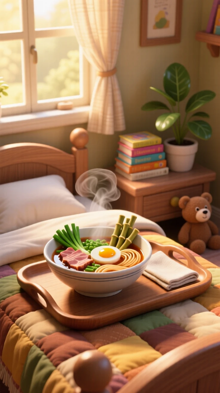 A bowl of steaming ramen with soft-boiled egg sits on a tray carried to a cozy bedroom, next to a folded linen napkin. A comforting, homey feeling fills the moment.