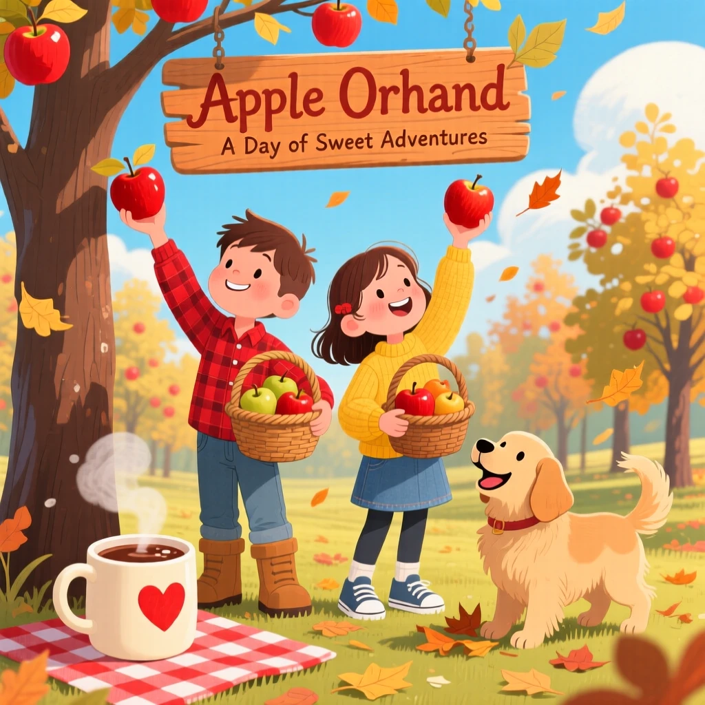 Twin siblings spends the afternoon picking apples in an orchard with a beloved family dog, with a warm cup of cocoa nearby.
