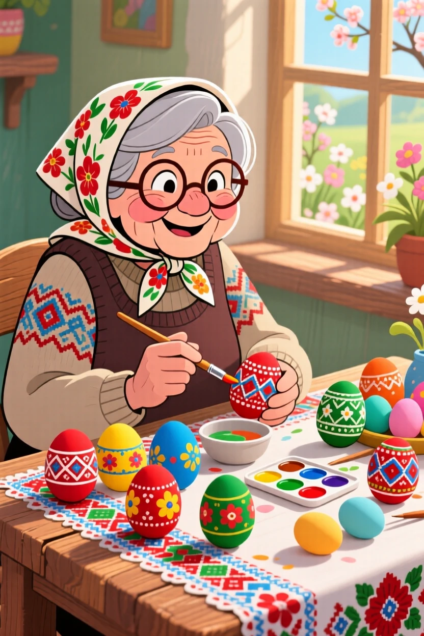 A grandmother in Poland decorating painted Easter eggs at the table.