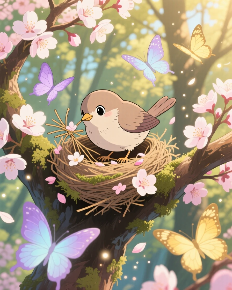A bird building a nest in a blossoming tree, as butterflies flutter past, radiating pure charm.