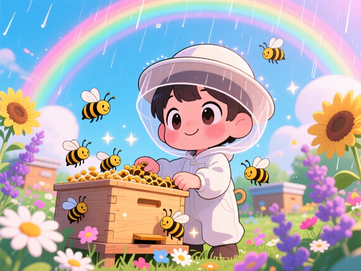 Low-angle shot looking up of a young beekeeper, gently checking a hive of friendly bees, in a sunny flower-filled apiary, under a rainbow after the rain, illuminated by neon-lit glow, radiating shy bashfulness.