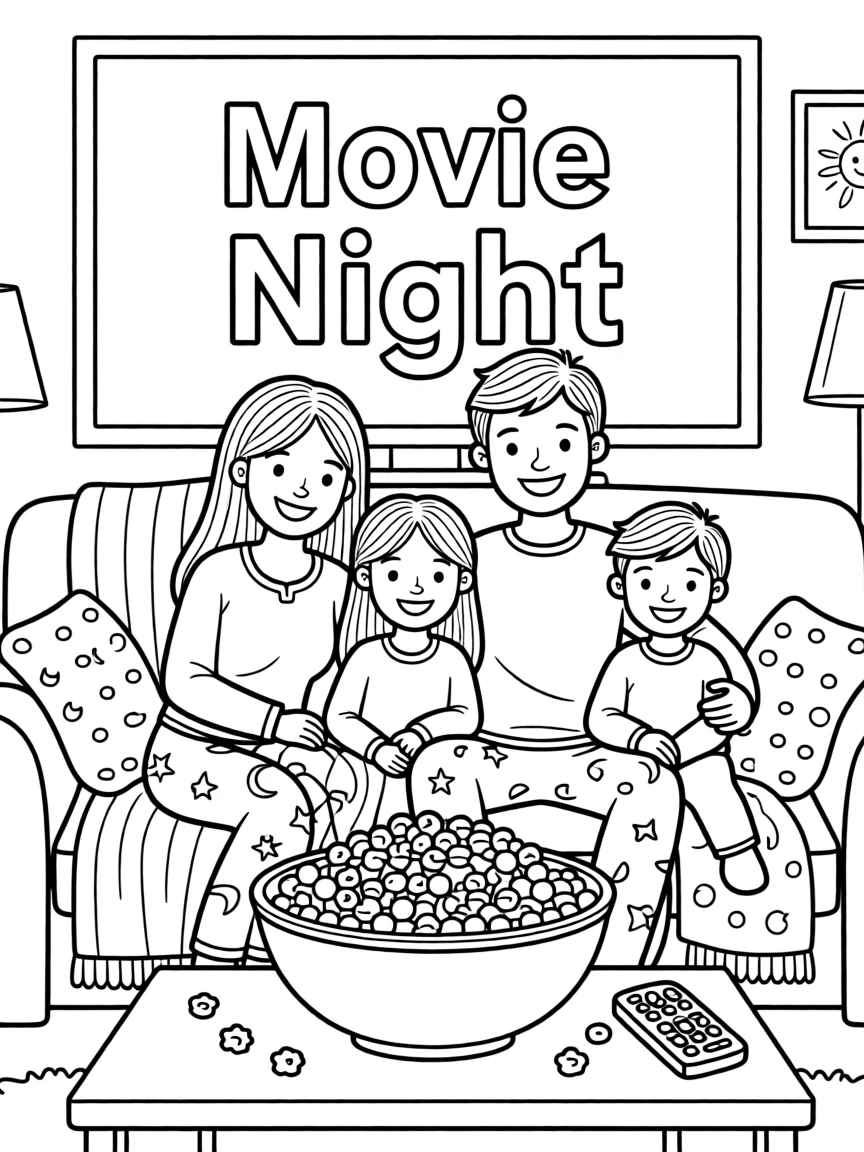 A family having a movie night with blankets and popcorn