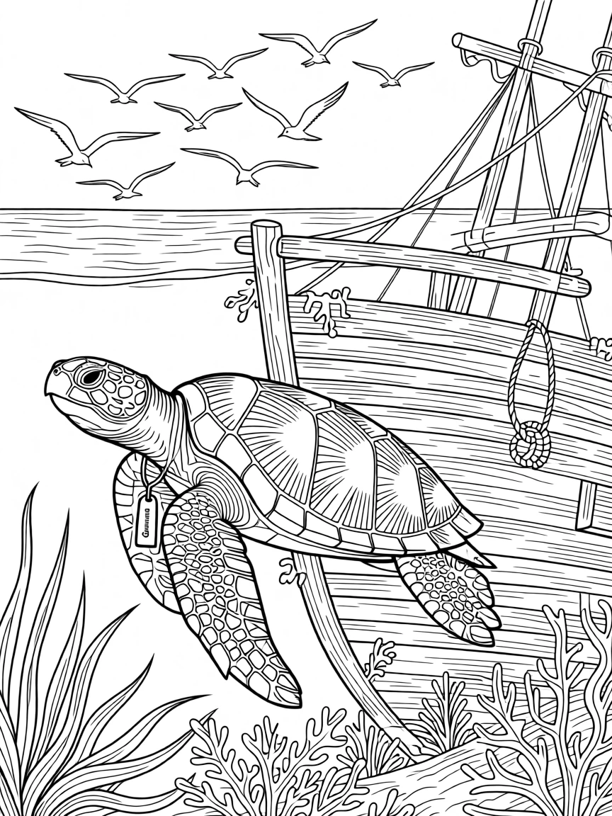 A loggerhead sea turtle cruising above a sunken shipwreck, with a flock of small birds scattering nearby.