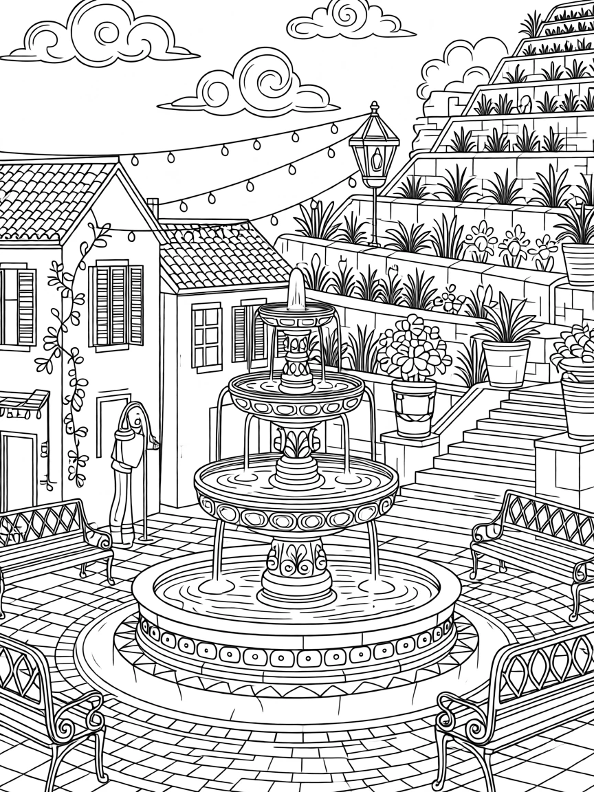 A hillside town square with a stone fountain at its center.