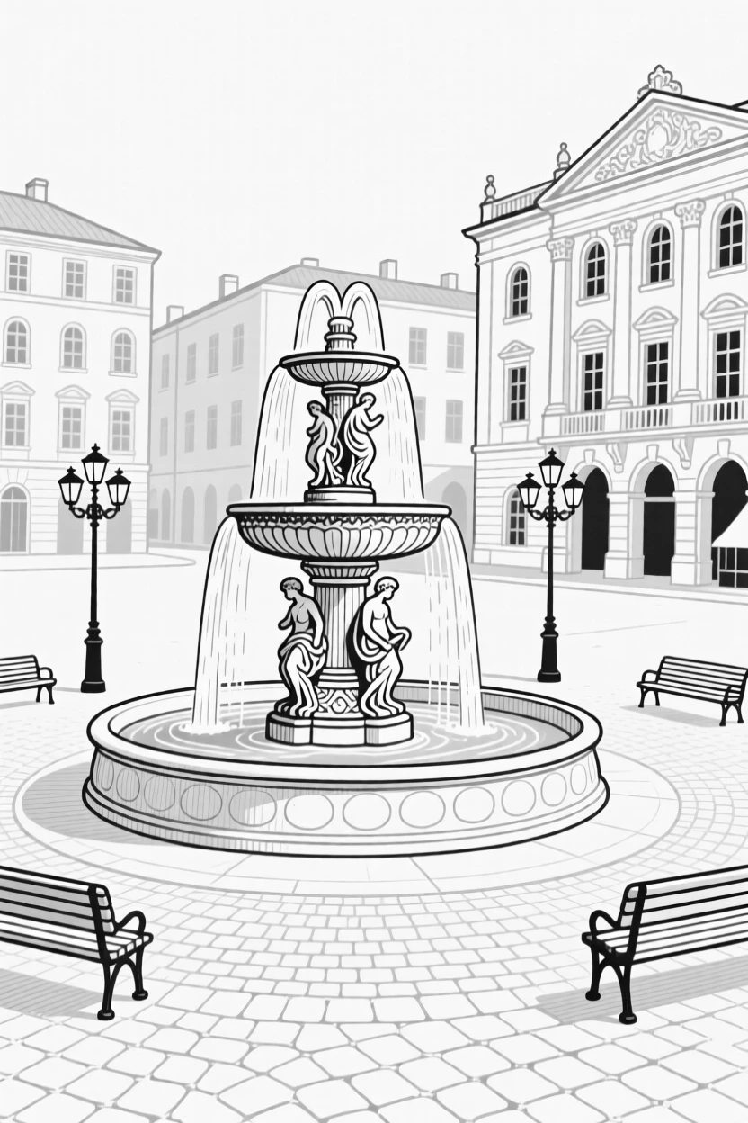A grand fountain in the center of a historic city plaza