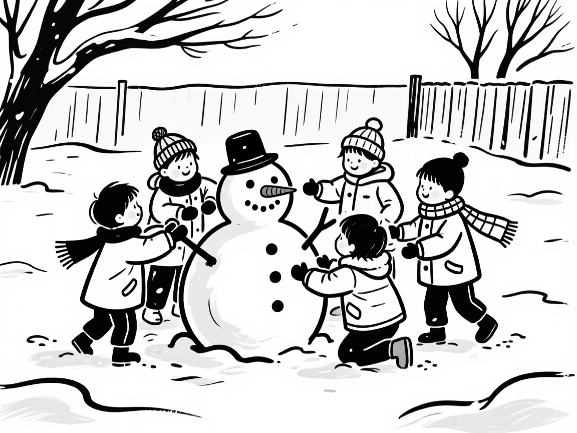 A group of children building a snowman together in a snowy yard.