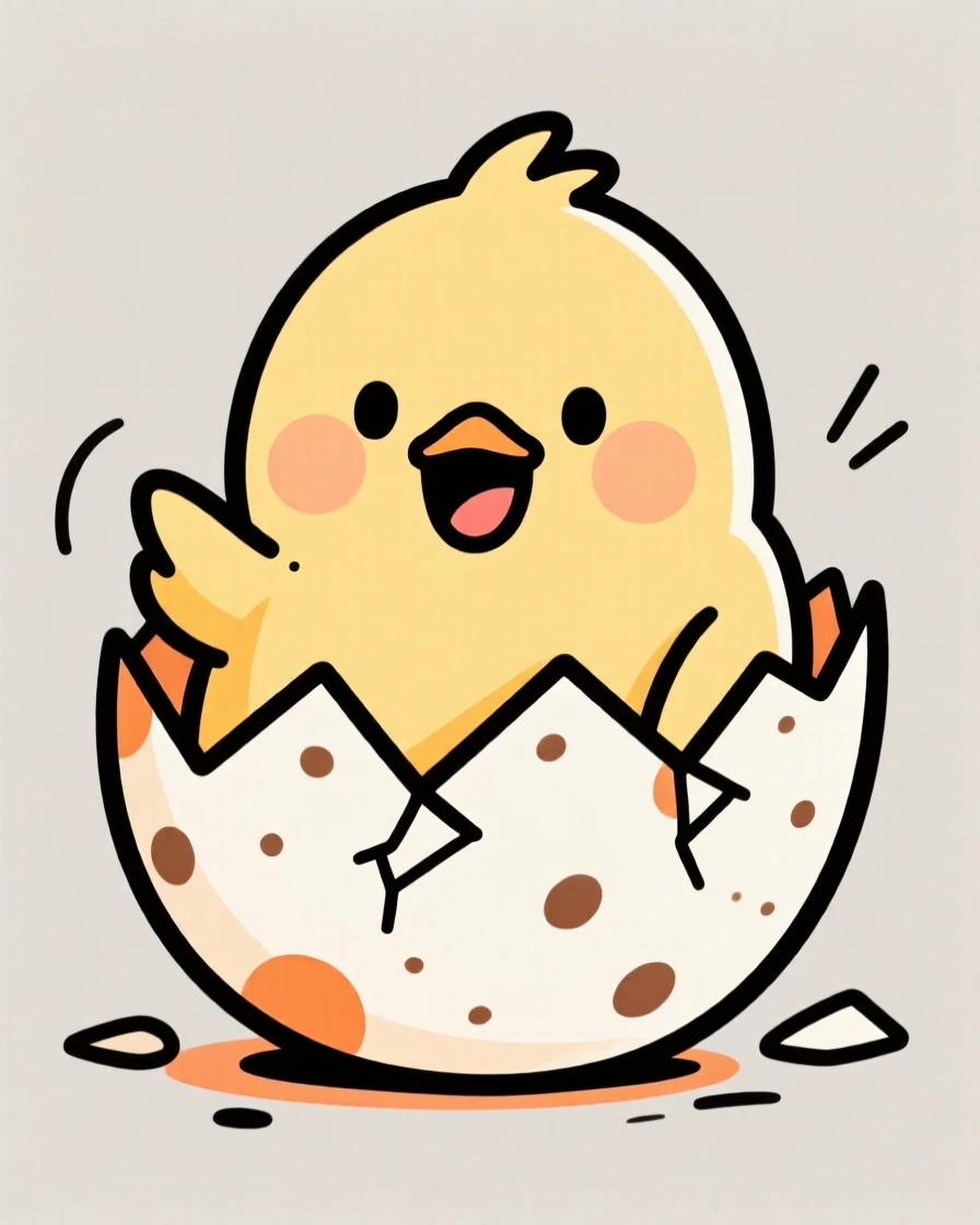 A round cartoon chick hatching happily from a speckled egg.