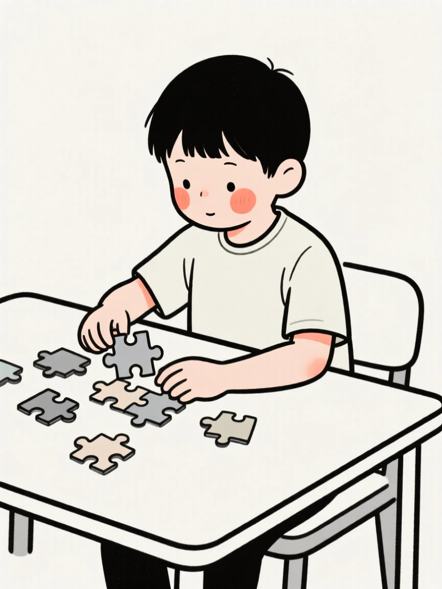 A young boy assembling a jigsaw puzzle at the table.