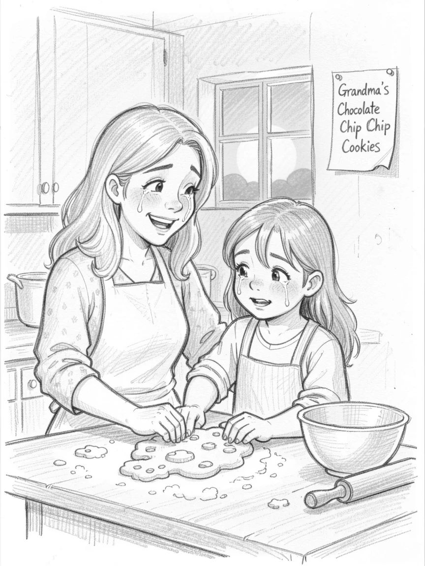 An emotional scene of a mother and daughter baking cookies together during a warm summer evening, marked by tears of happiness.