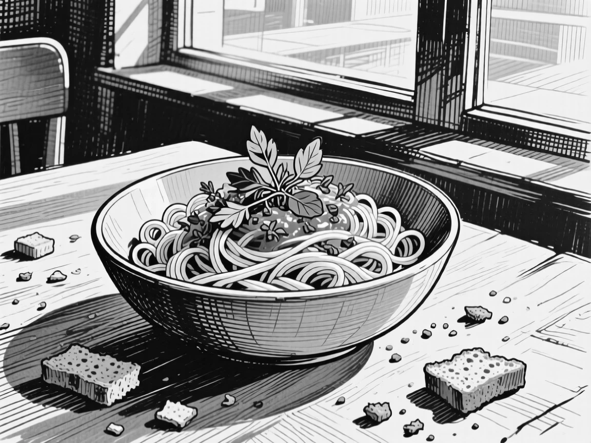 A bowl of fresh pasta with herbs set in a sunlit cafe window, with crumbs scattered across the table, presented in a richly appetizing culinary still life.