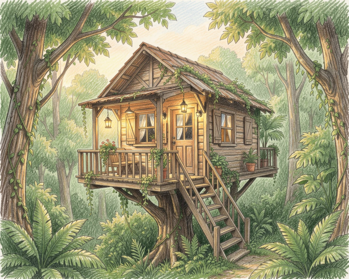 A rustic treehouse cafe nestled in a lush green forest canopy, bathed in the warm glow of golden-hour light, designed to feel inviting, memorable, and shareable.