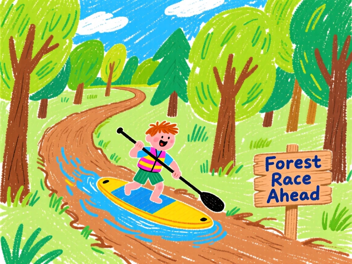 A paddleboarder racing along a winding forest path.