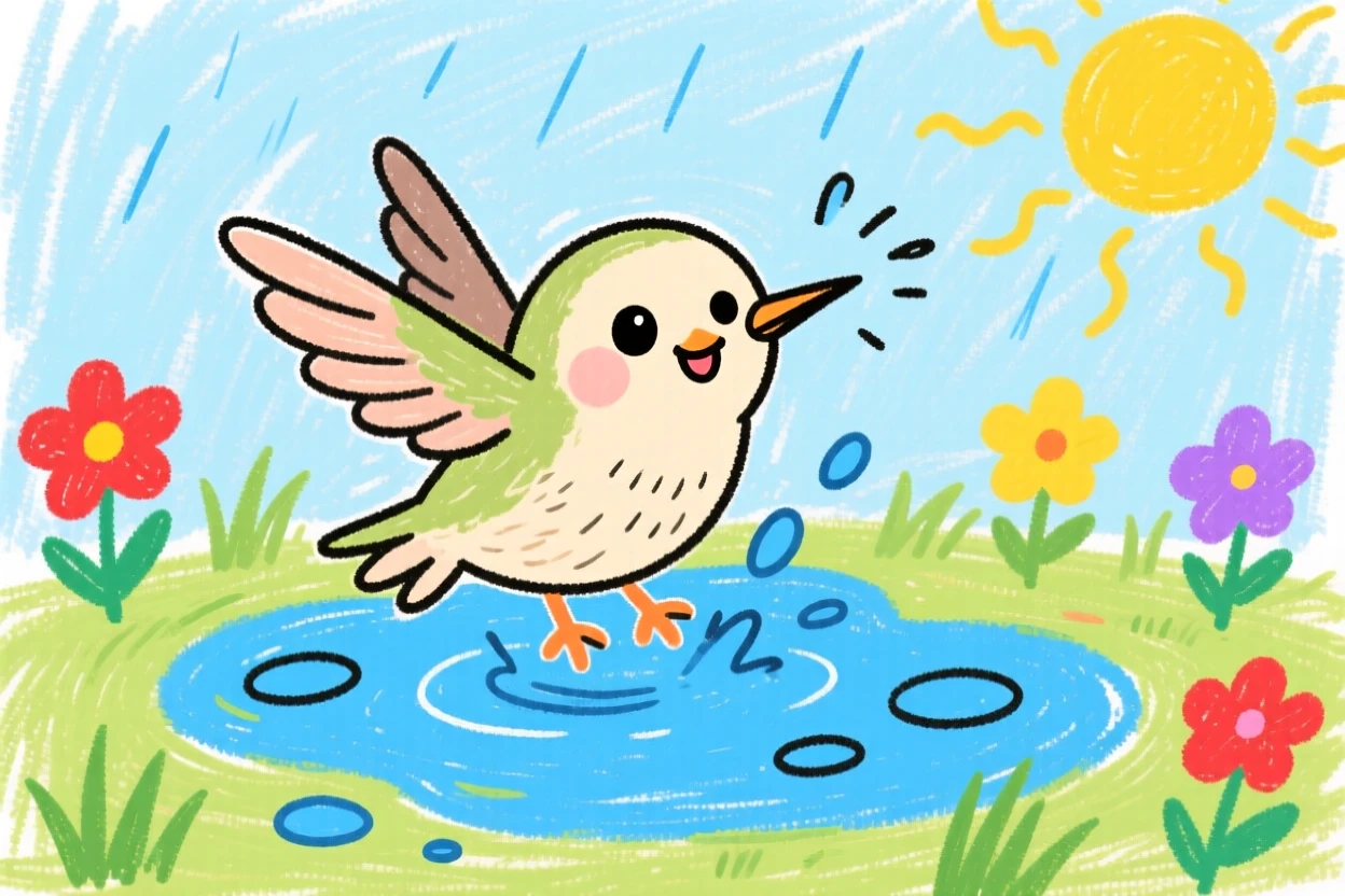 A tiny hummingbird chick splashing in a shallow puddle after rain.