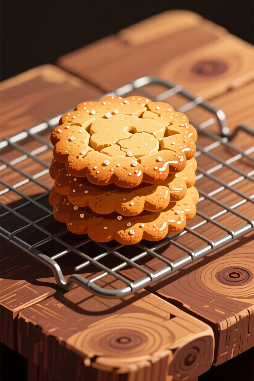 A stack of golden-brown cookies cooling on a wire rack, set on a rustic wooden table, shown from a slight angle to highlight layers, with glossy highlights that make the dish look freshly made.