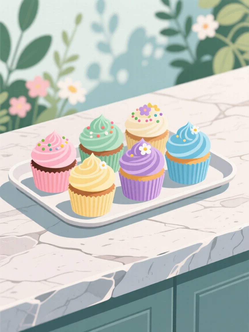 A tray of colorful cupcakes beautifully displayed on a stone counter at a garden party.