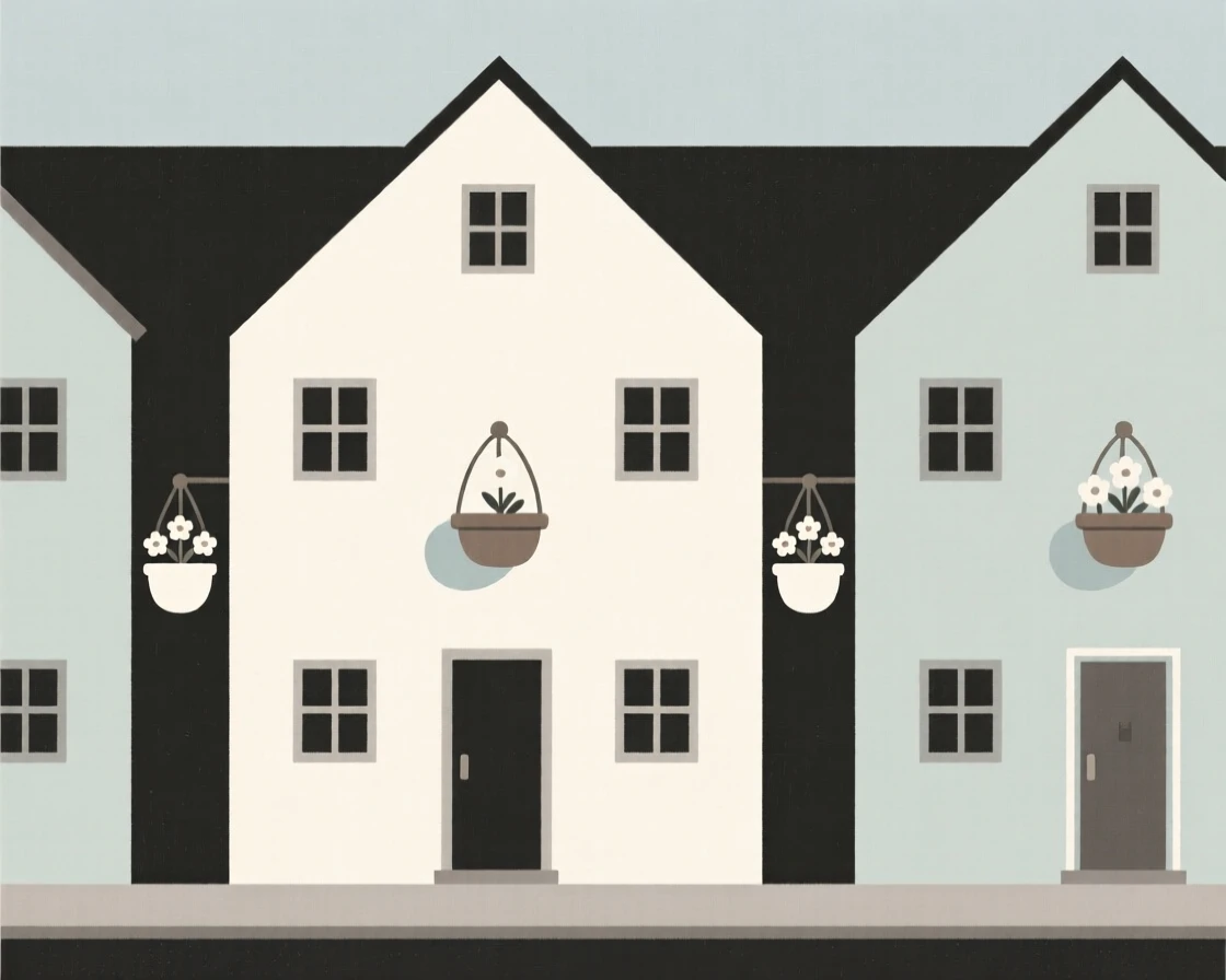 A row of townhouses, striking and prominent, stands in a quiet countryside village, surrounded by hanging flower baskets, expressing architectural harmony.