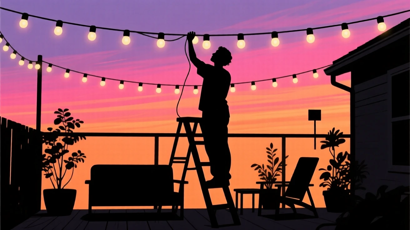 A person hanging string lights across a backyard patio at dusk.