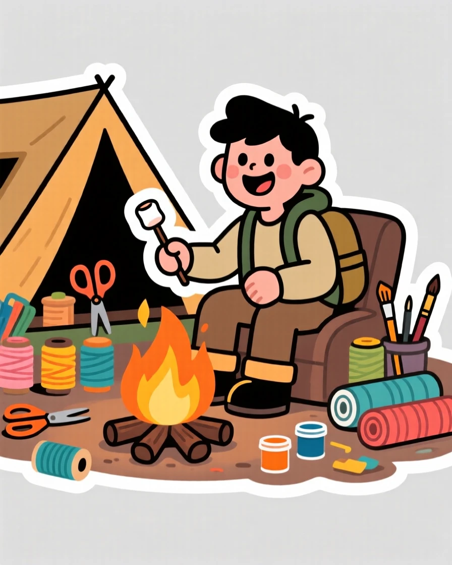 A beaming with excitement camper roasting marshmallows over a fire, with colorful materials spread all around, in a peaceful home corner dedicated to their craft.