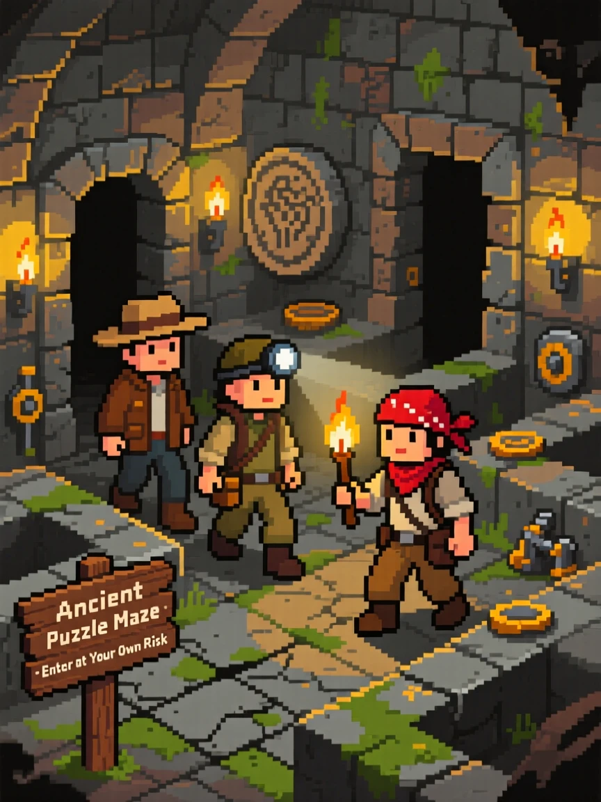 A small band of treasure hunters navigating a maze of ancient stone puzzles, within a sprawling underground dungeon.