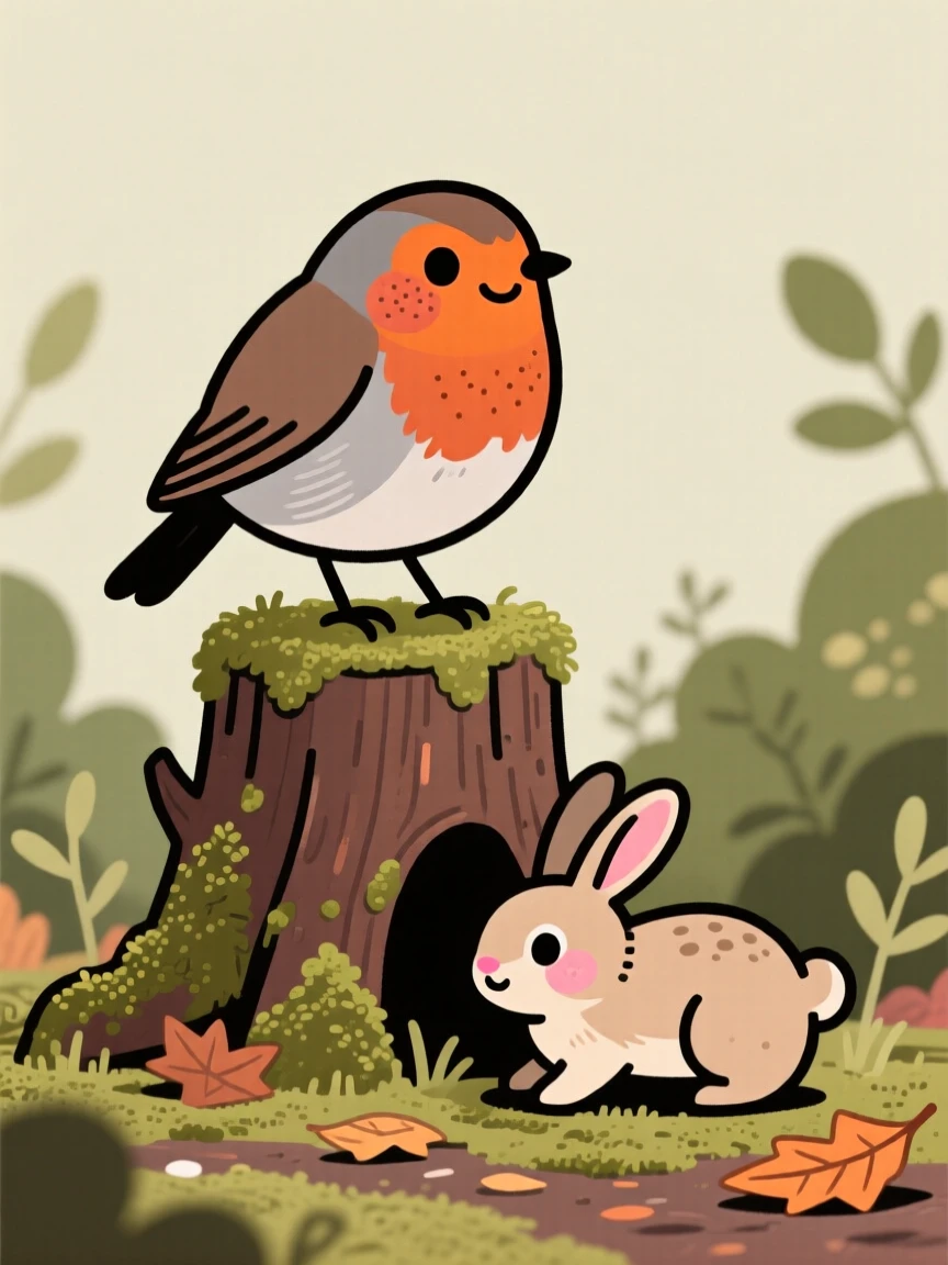 A robin perches on a mossy stump, watching the garden below while a rabbit moves quietly through the underbrush below.