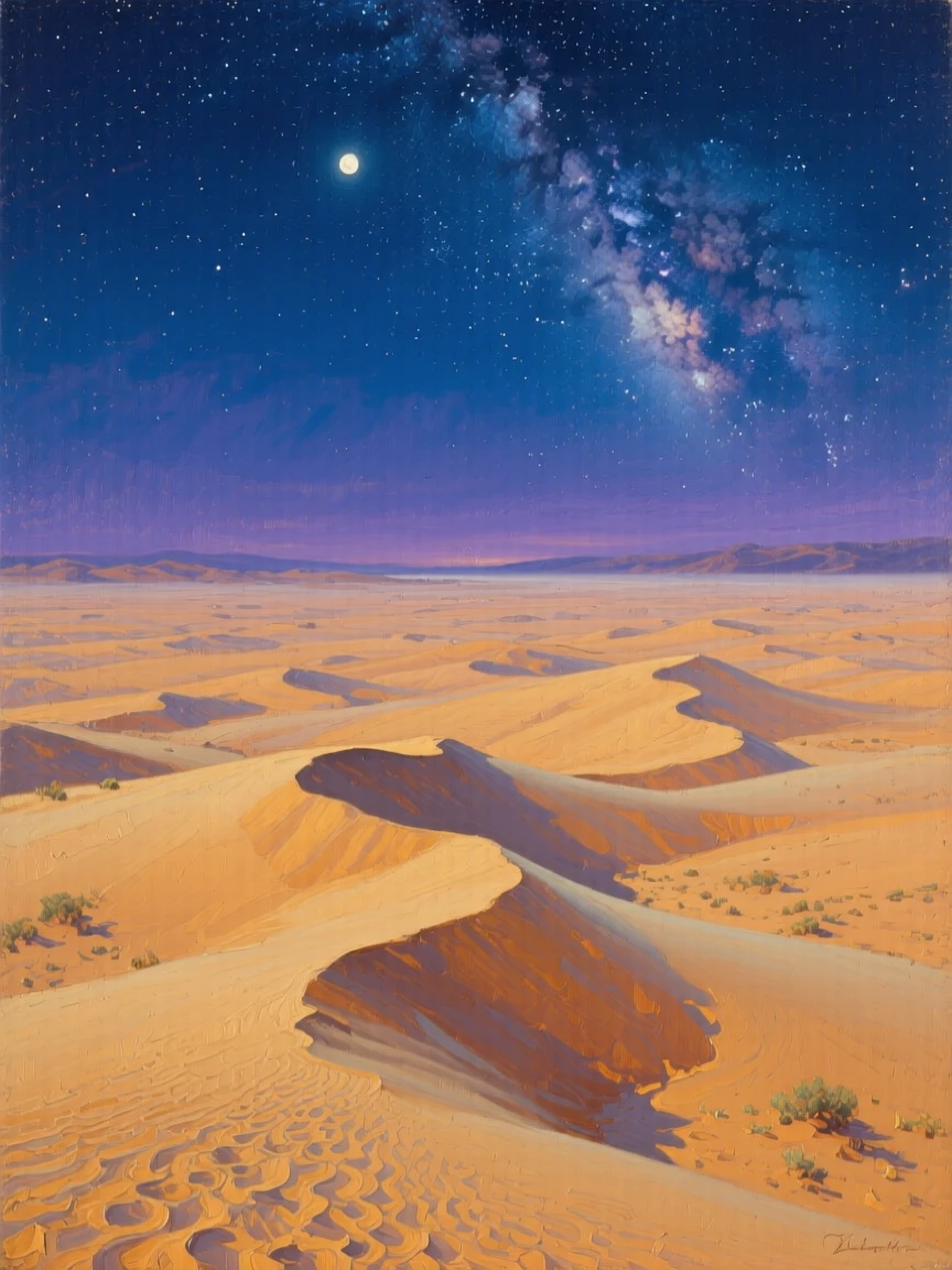 A broad landscape view of a vast golden desert with rippling sand dunes, under a canopy of stars, in late spring.