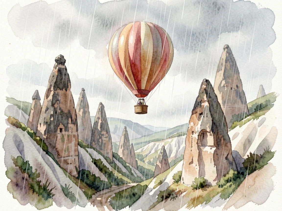 A hot air balloon rising over a valley of fairy chimneys in gentle rain.