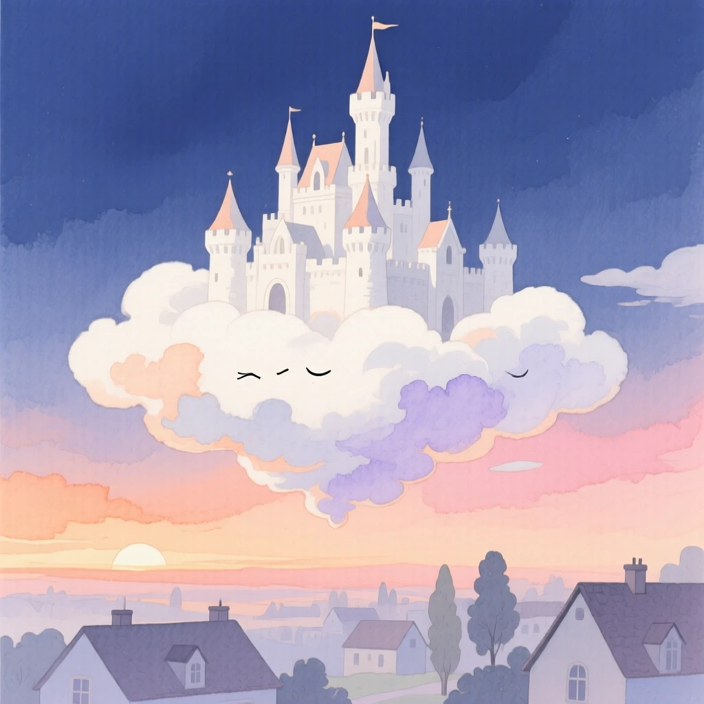 A castle made of clouds floats above a sleeping kingdom, its towers catching the first light of dawn