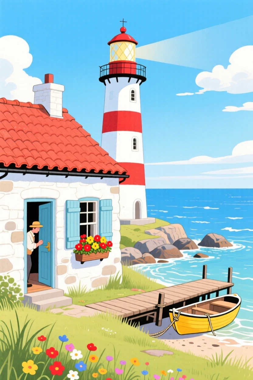 A lighthouse keeper's cottage by the sea, warm and inviting on a quiet afternoon.