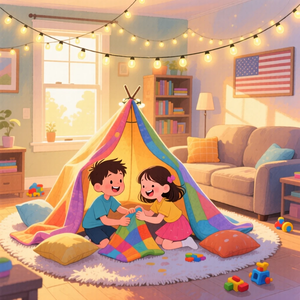 A brother and sister building a blanket fort in the living room, in a cozy room lit by string lights, with warm golden hour lighting, playful sibling bonding and imagination.