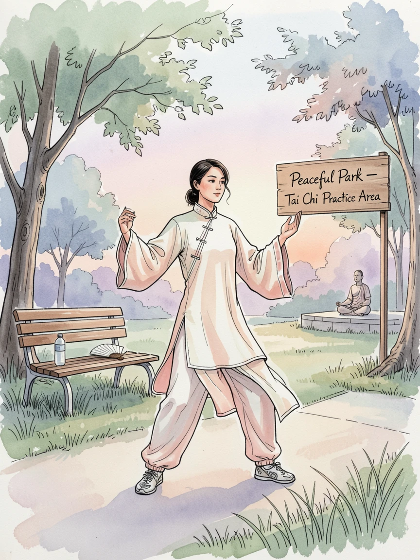 A woman practicing tai chi in a quiet park at dawn, small details hinting at the story behind the moment.
