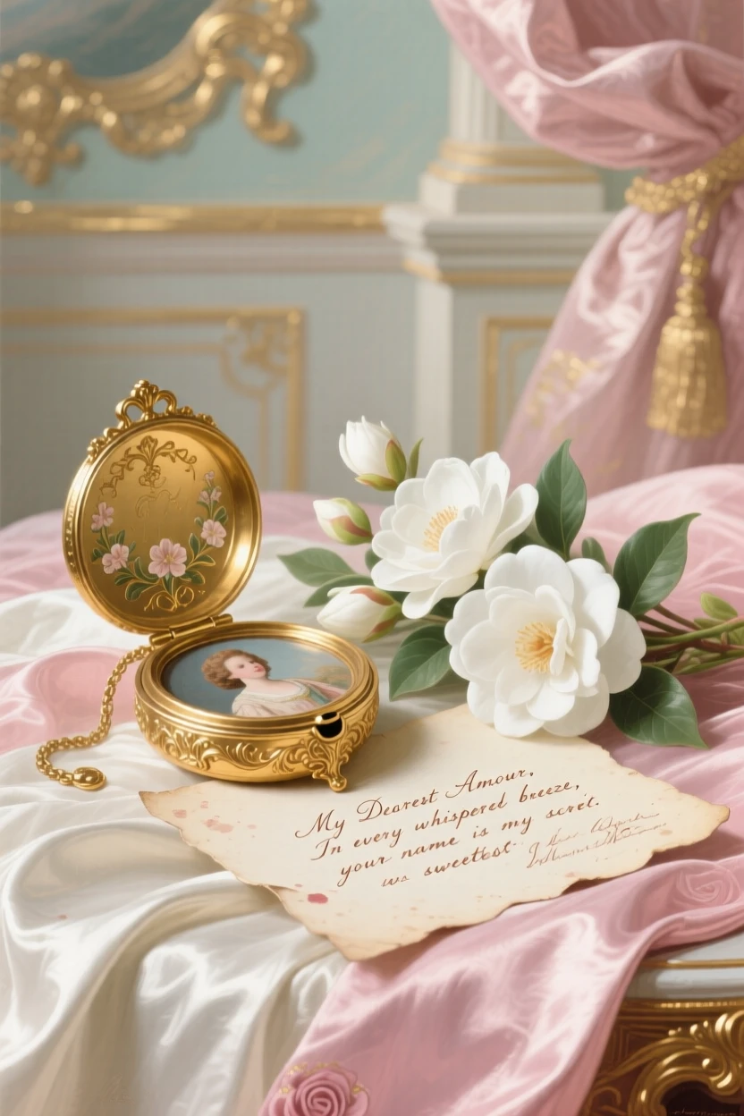 A gold locket opened beside a handwritten love letter and white camellias  