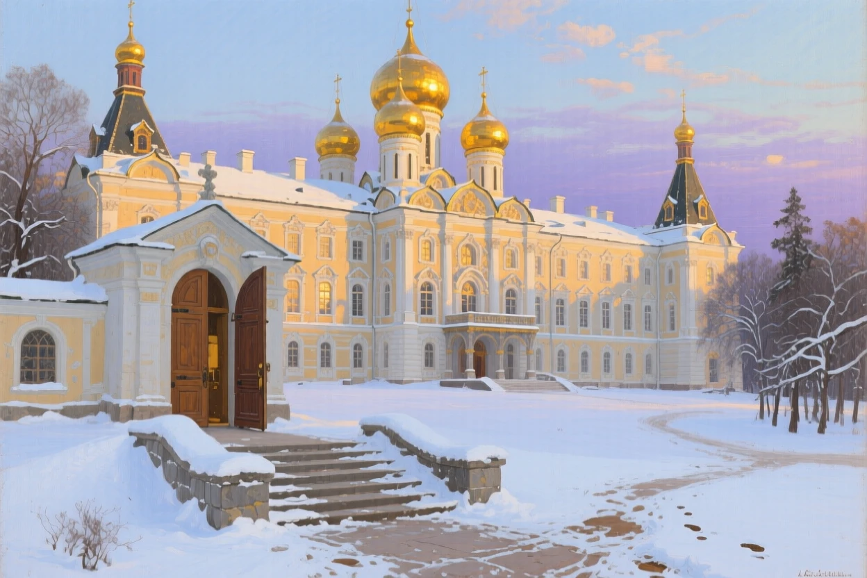 A grand Russian palace with golden domes glowing under a winter sky, as the last light of day catches the tops of towers and rooftops, capturing the timeless beauty and character of a legendary destination