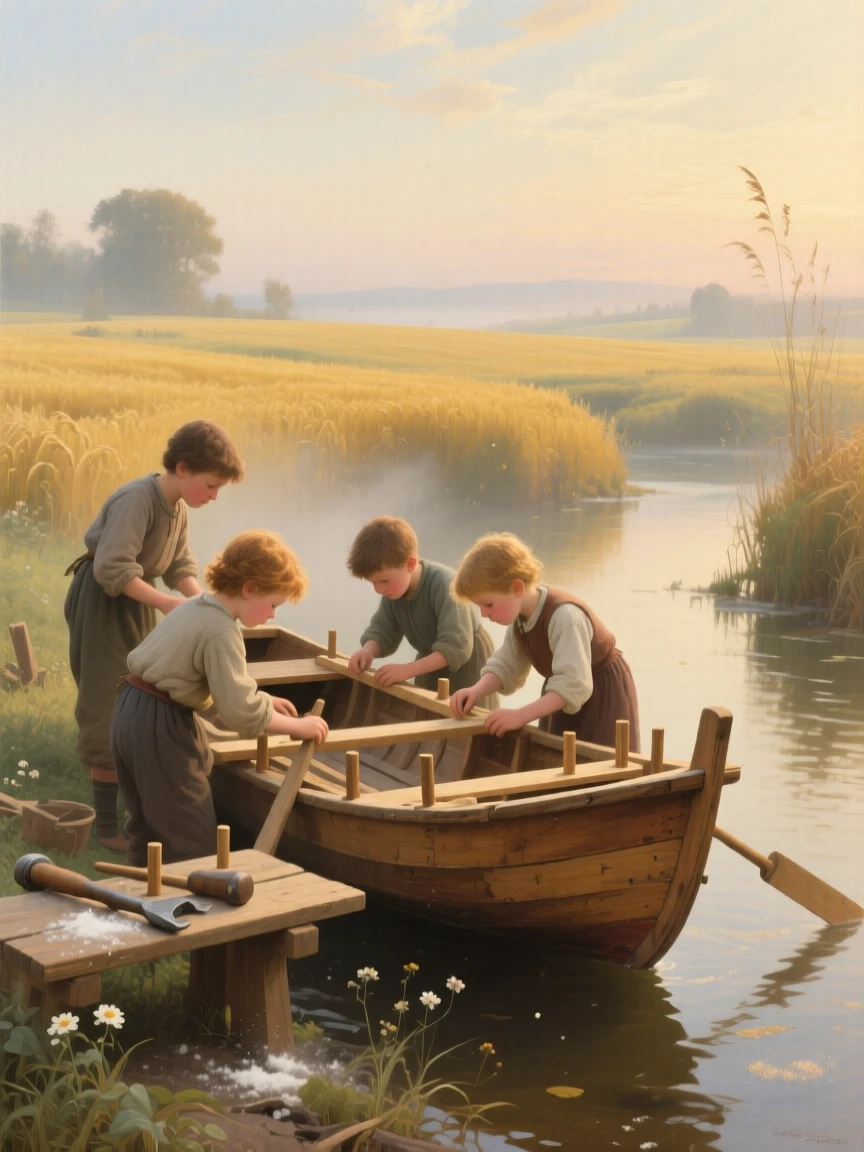 Children building a small boat to sail on a village pond at the gentle heart of a simple daily ritual, set beside a quiet stream at the edge of golden fields, with soft morning light catching dust and flour in the air; the composition finds quiet monumentality in an everyday gesture, evoking dignity, warmth, and the quiet poetry of daily life.